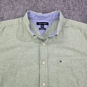 Tommy Hilfiger Shirt Mens XXL Green Linen Blend Short Sleeve Button Down Casual